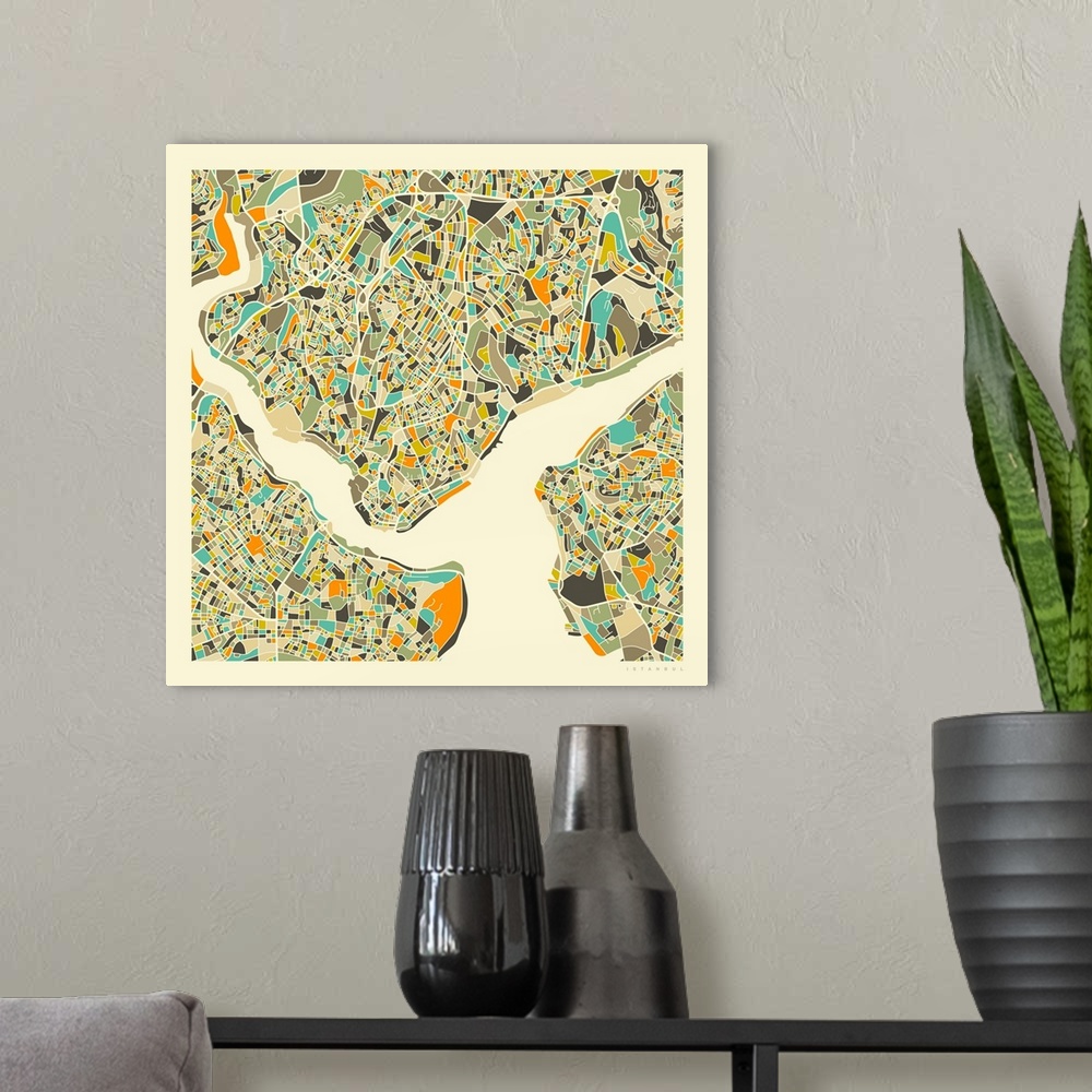 A modern room featuring Colorfully illustrated aerial street map of Istanbul, Turkey on a square background.
