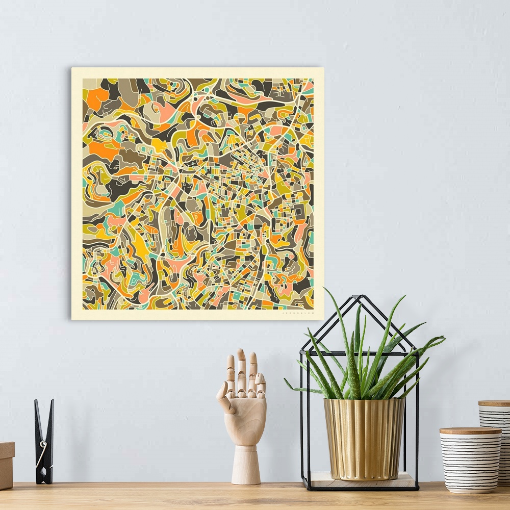 A bohemian room featuring Colorfully illustrated aerial street map of Jerusalem, Israel on a square background.