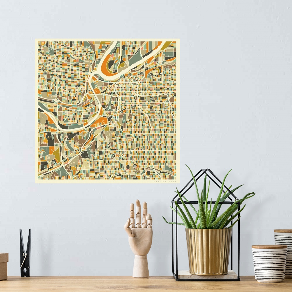 A bohemian room featuring Colorfully illustrated aerial street map of Kansas City, Missouri on a square background.