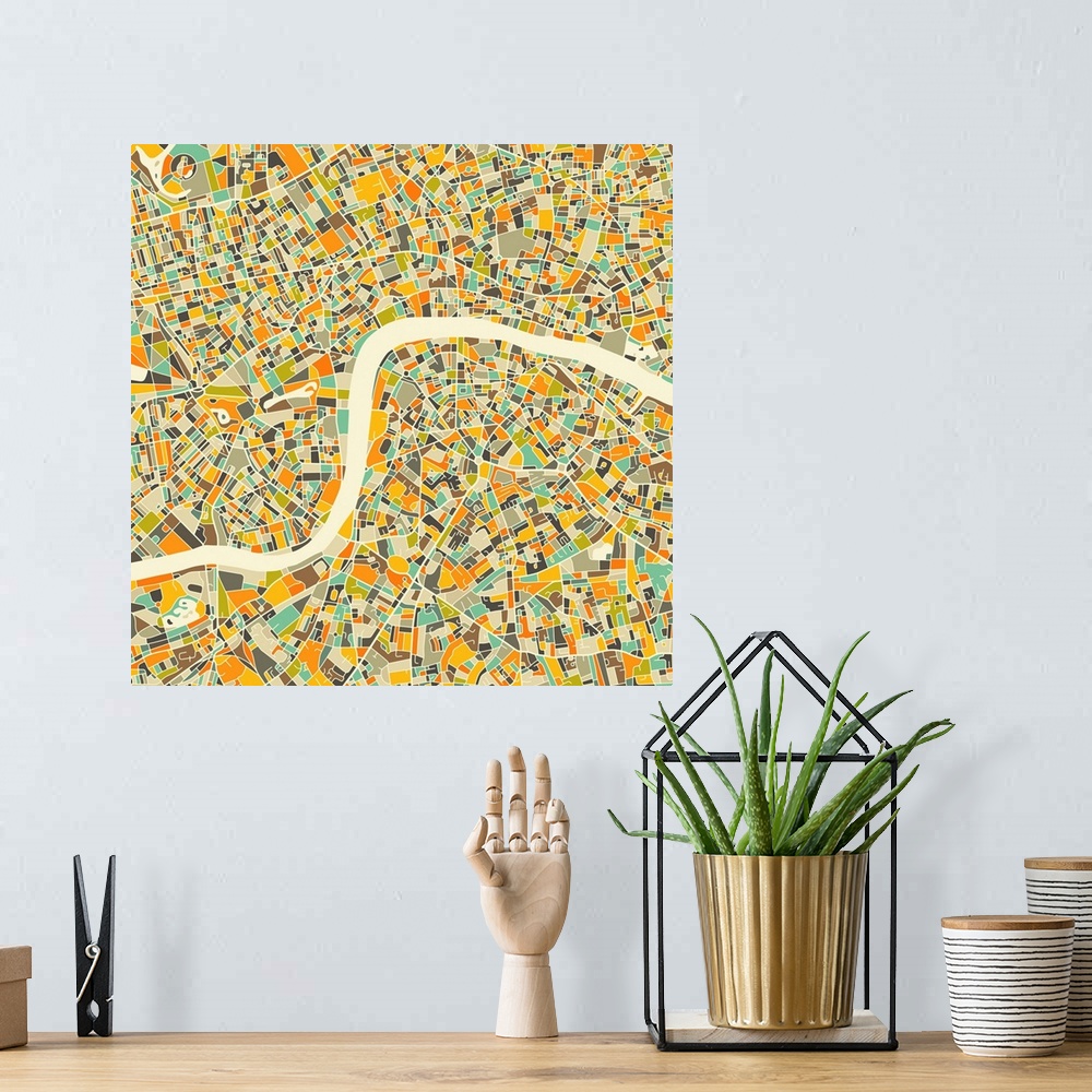 A bohemian room featuring Colorfully illustrated aerial street map of London, England on a square background.