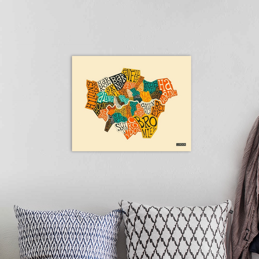 A bohemian room featuring Illustrated map of London, England sectioning out the different neighborhoods, with the name of e...