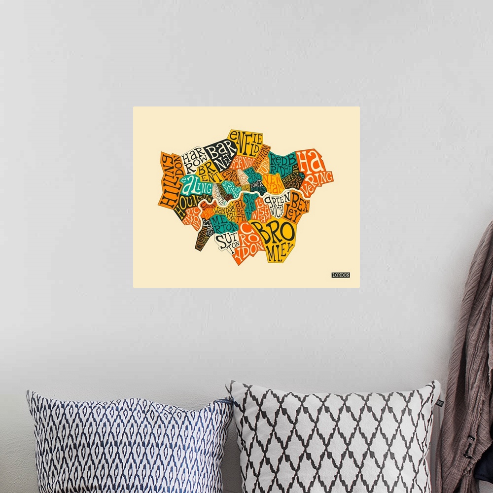 A bohemian room featuring Illustrated map of London, England sectioning out the different neighborhoods, with the name of e...