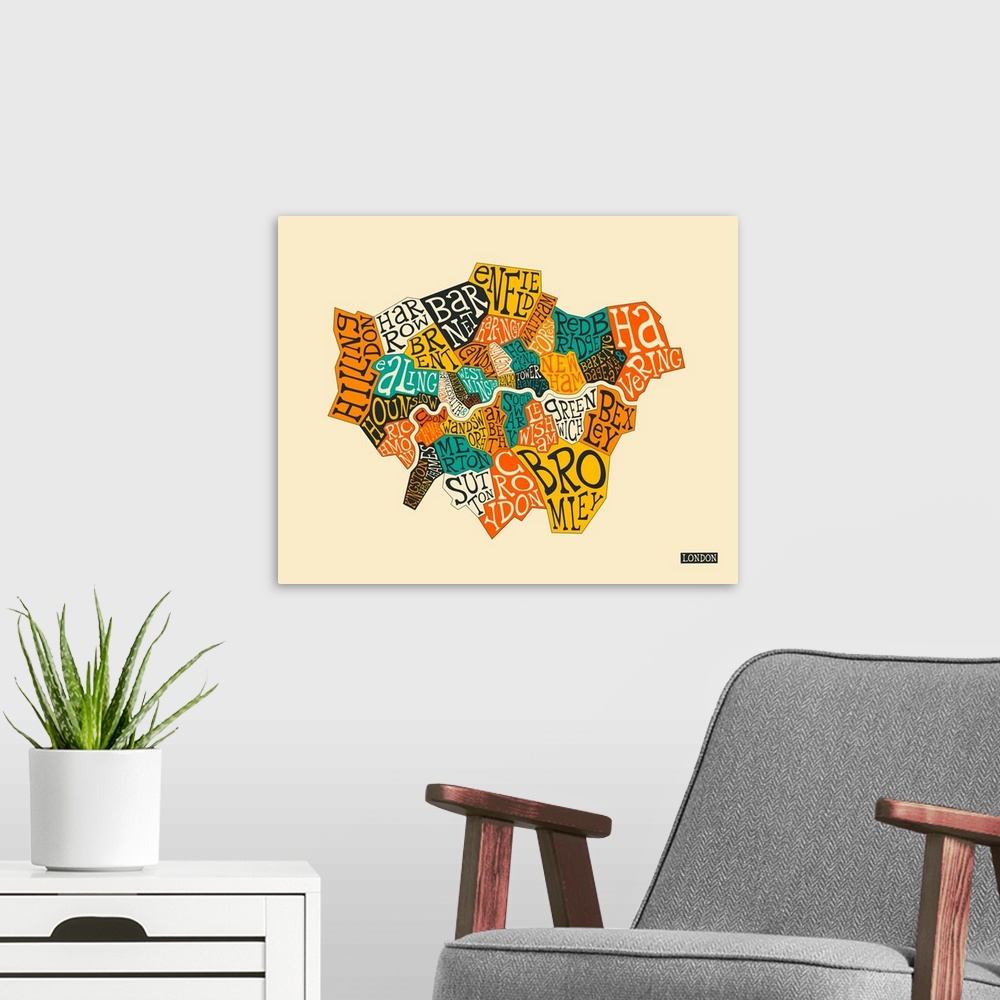 A modern room featuring Illustrated map of London, England sectioning out the different neighborhoods, with the name of e...