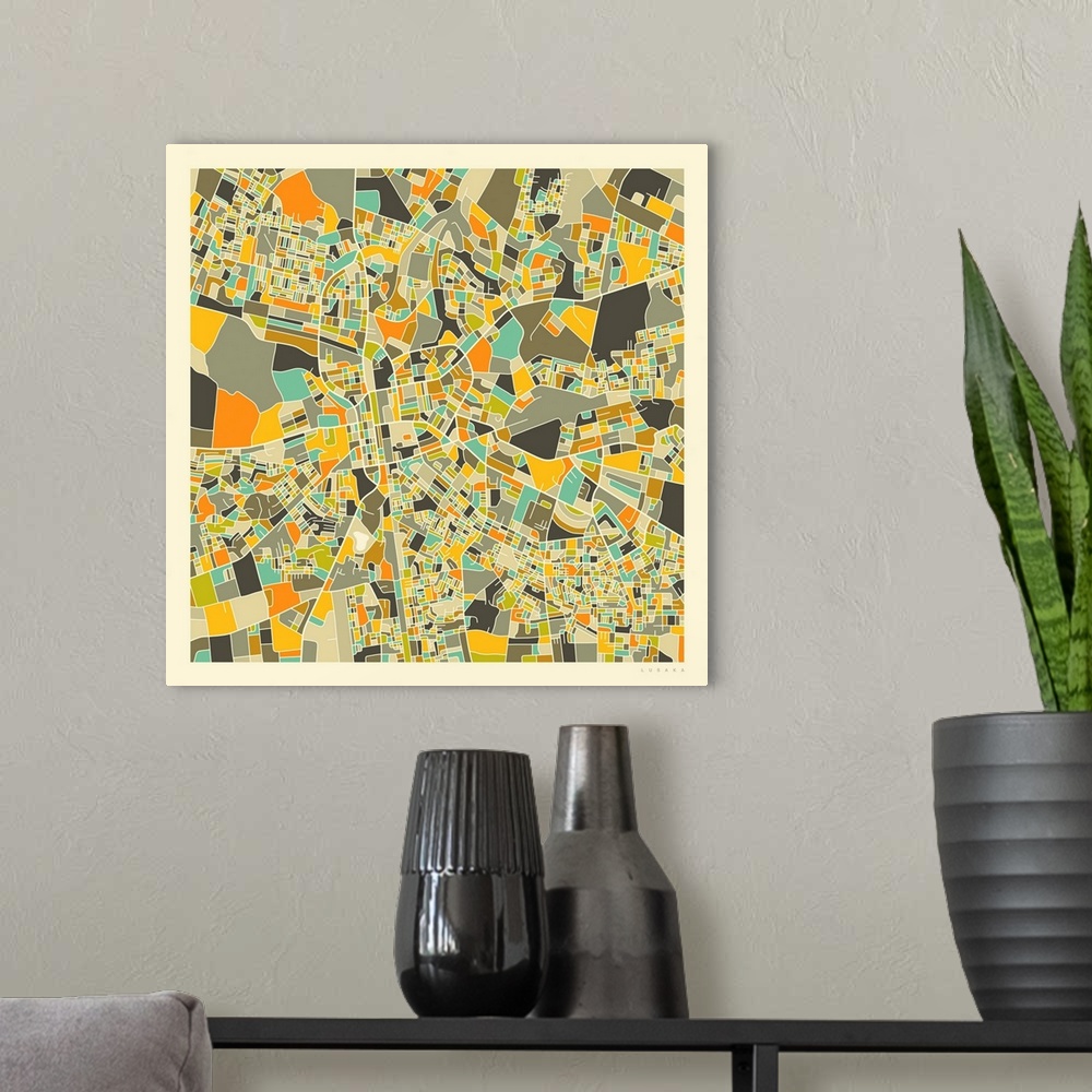 A modern room featuring Colorfully illustrated aerial street map of Lusaka, Zambia on a square background.
