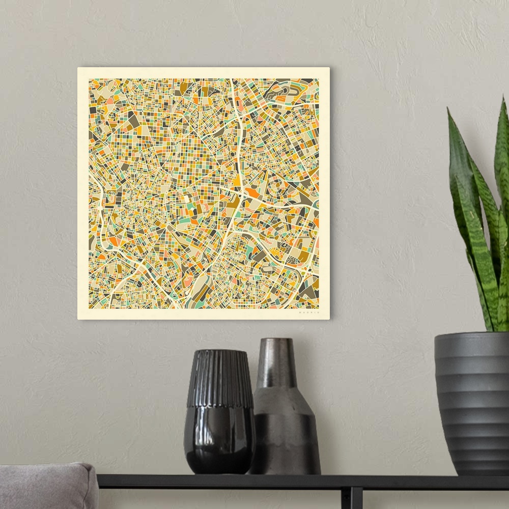 A modern room featuring Colorfully illustrated aerial street map of Madrid, Spain on a square background.