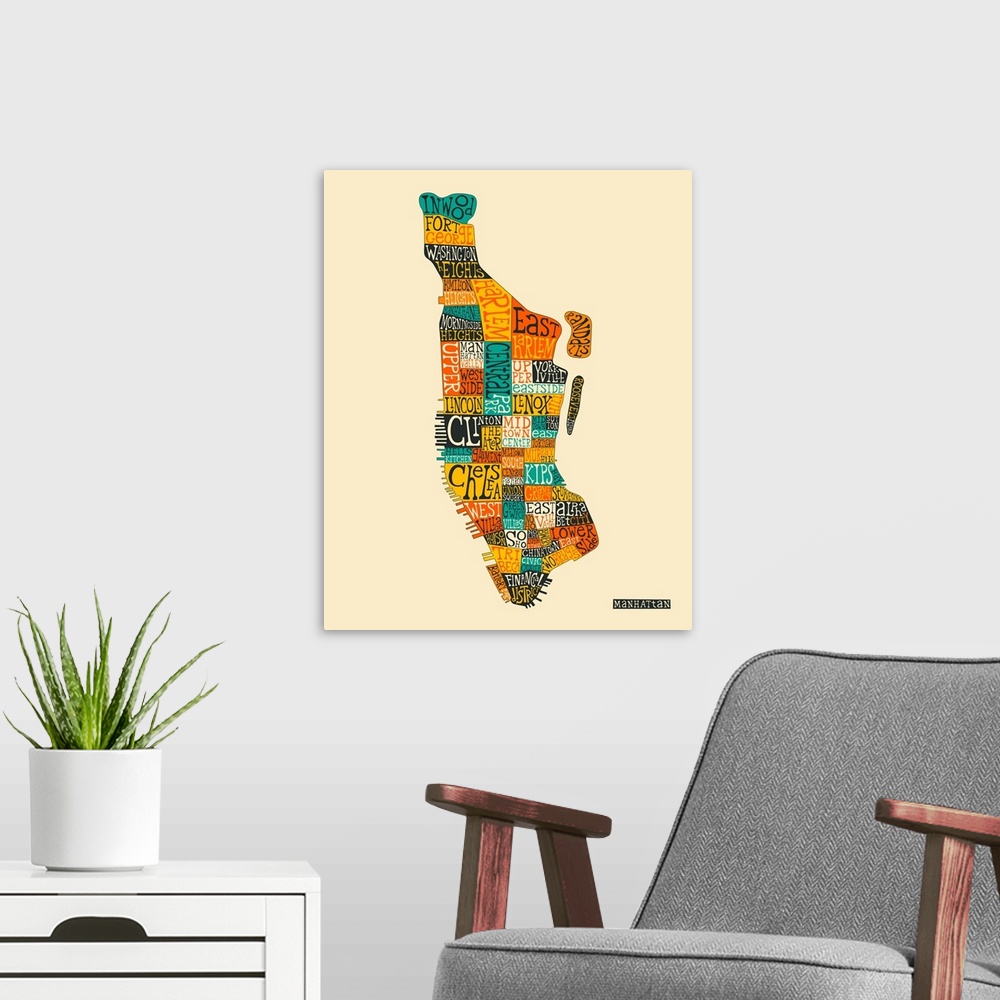 A modern room featuring Illustrated map of Manhattan, New York sectioning out the different neighborhoods, with the name ...