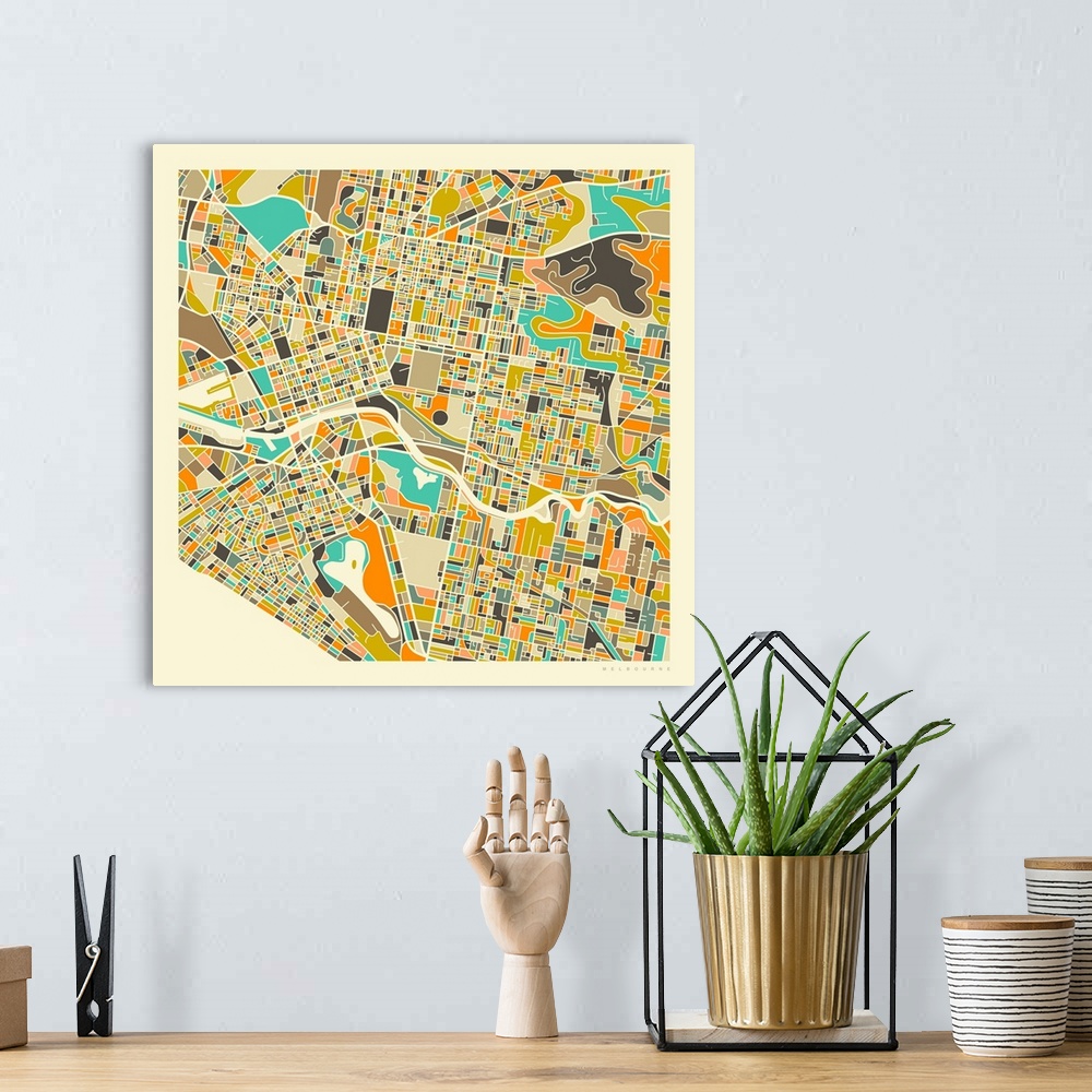 A bohemian room featuring Colorfully illustrated aerial street map of Melbourne, Australia on a square background.
