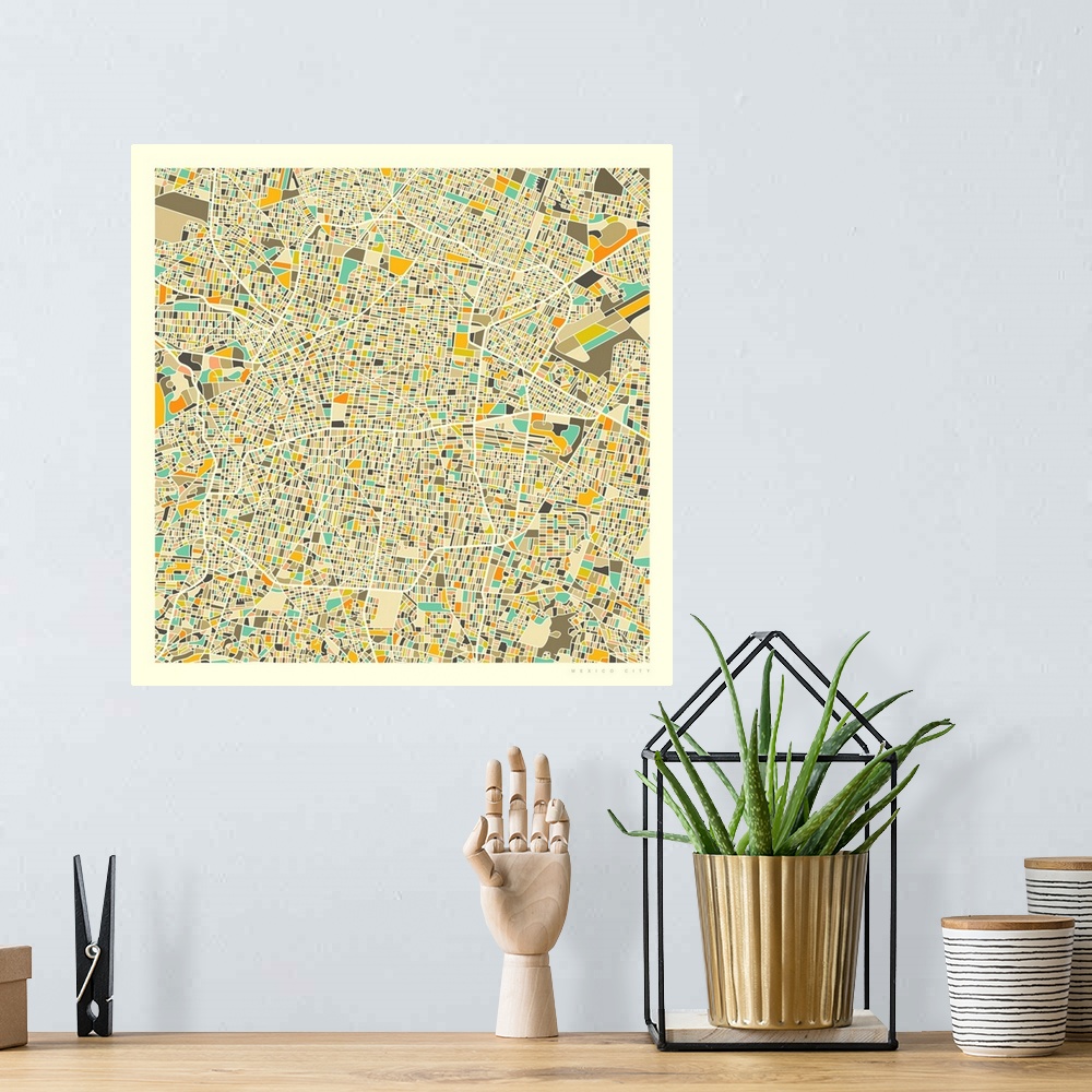 A bohemian room featuring Colorfully illustrated aerial street map of Mexico City, Mexico on a square background.