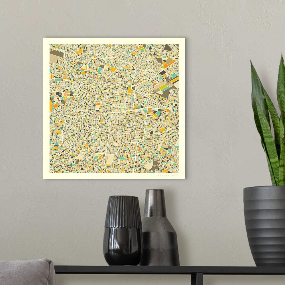A modern room featuring Colorfully illustrated aerial street map of Mexico City, Mexico on a square background.