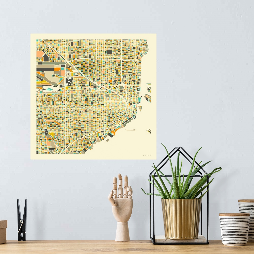 A bohemian room featuring Colorfully illustrated aerial street map of Miami, Florida on a square background.