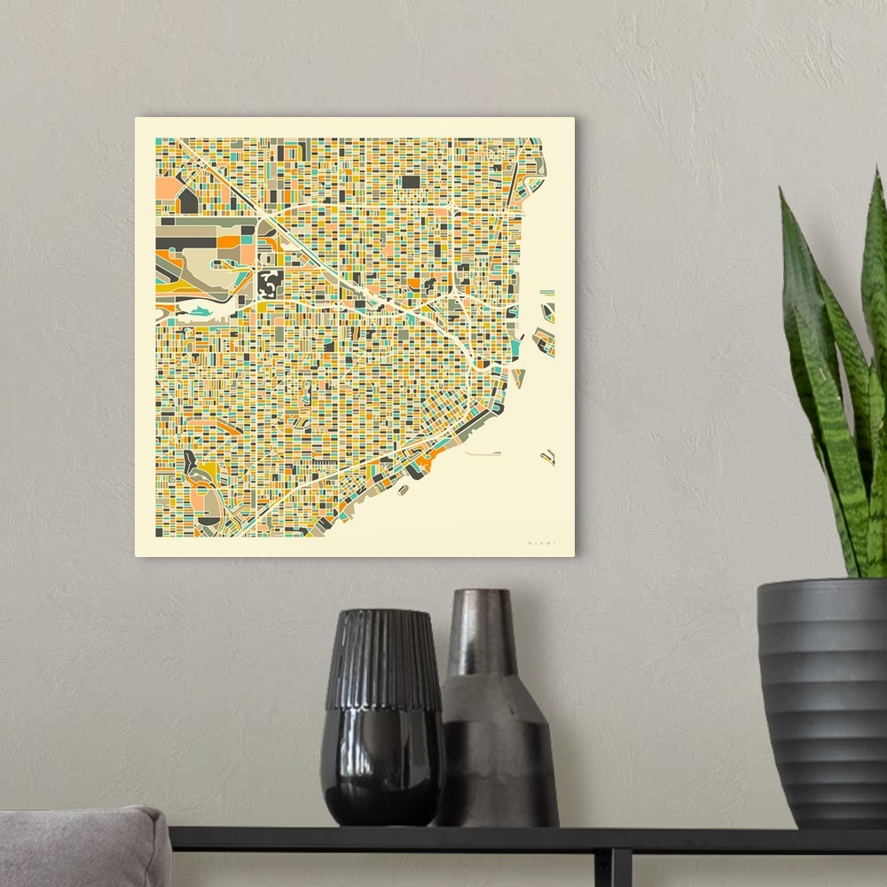 A modern room featuring Colorfully illustrated aerial street map of Miami, Florida on a square background.