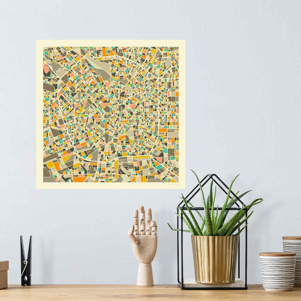 A bohemian room featuring Colorfully illustrated aerial street map of Milan, Italy on a square background.