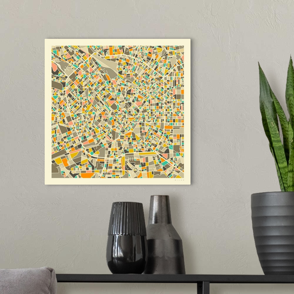 A modern room featuring Colorfully illustrated aerial street map of Milan, Italy on a square background.