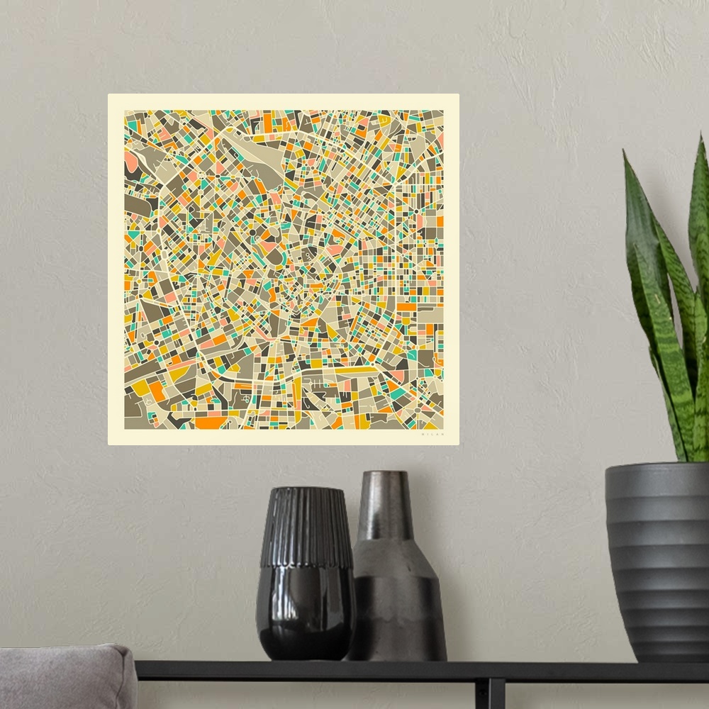 A modern room featuring Colorfully illustrated aerial street map of Milan, Italy on a square background.