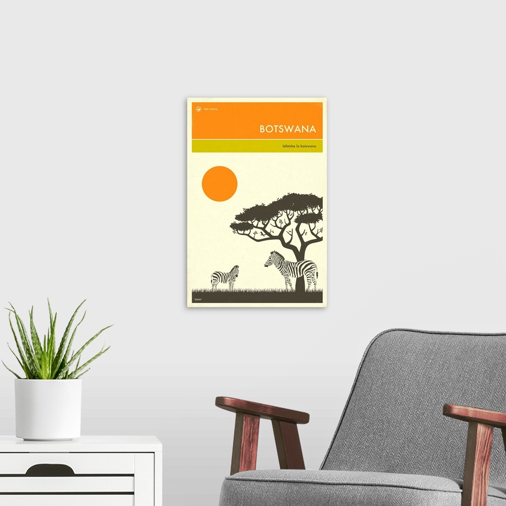 A modern room featuring Minimalist retro style Visit Africa travel poster for Botswana.