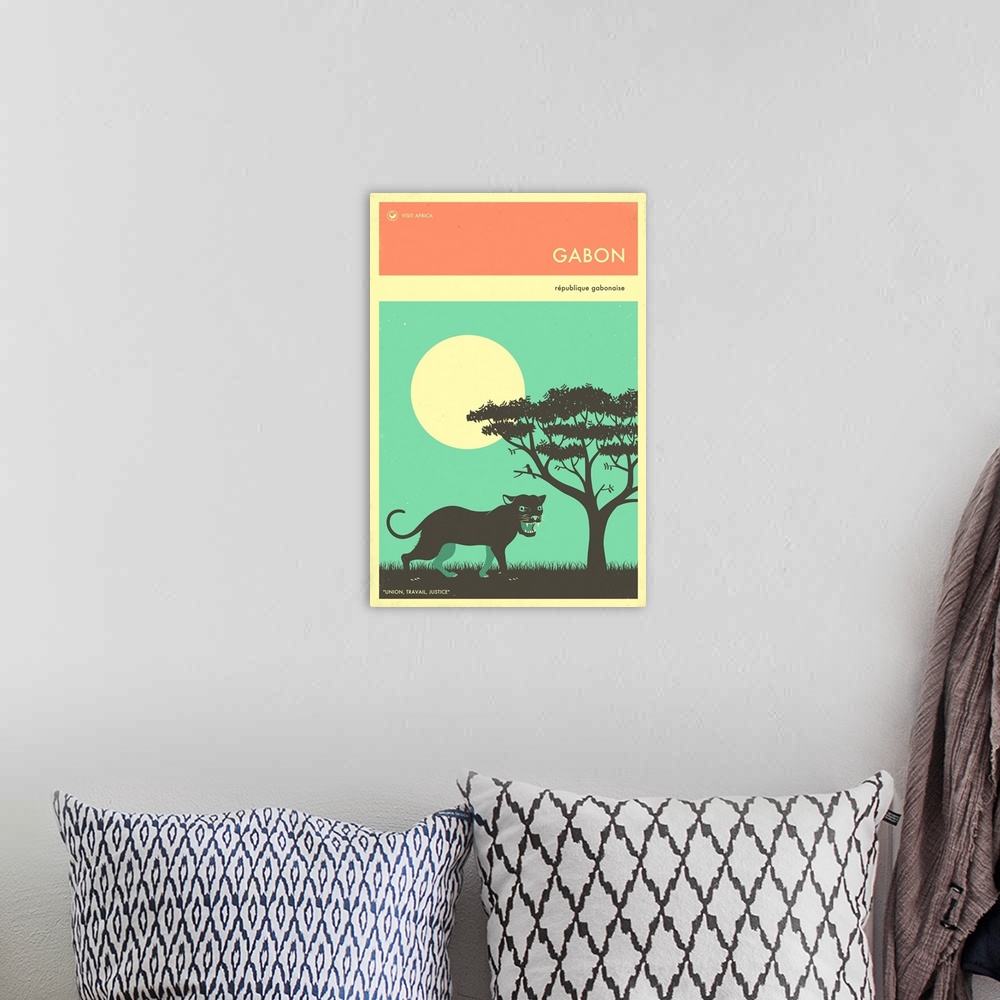 A bohemian room featuring Minimalist retro style Visit Africa travel poster for Gabon.
