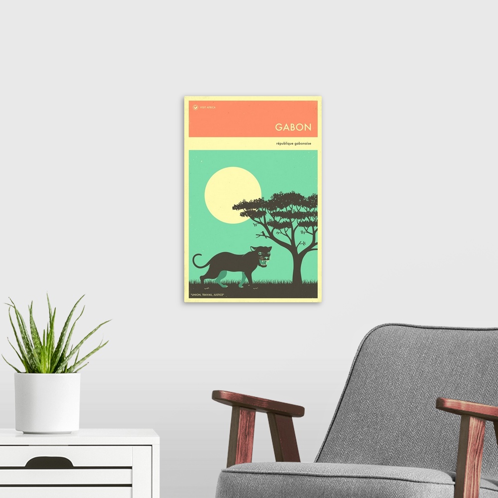 A modern room featuring Minimalist retro style Visit Africa travel poster for Gabon.