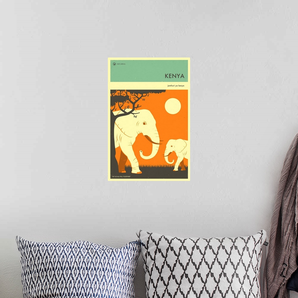 A bohemian room featuring Minimalist retro style Visit Africa travel poster for Kenya.