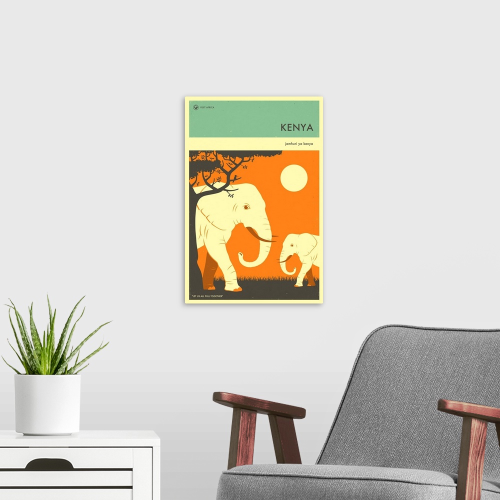 A modern room featuring Minimalist retro style Visit Africa travel poster for Kenya.