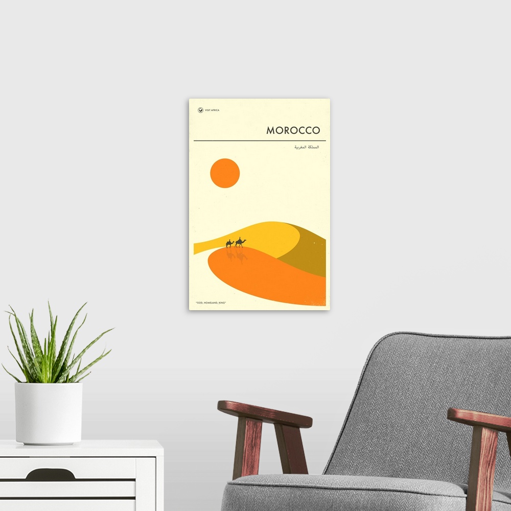 A modern room featuring Minimalist retro style Visit Africa travel poster for Morocco.