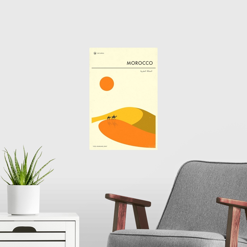 A modern room featuring Minimalist retro style Visit Africa travel poster for Morocco.