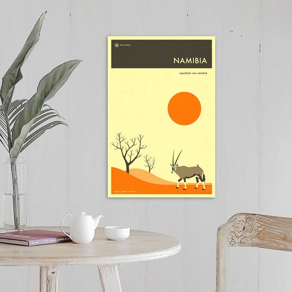 A farmhouse room featuring Minimalist retro style Visit Africa travel poster for Namibia.