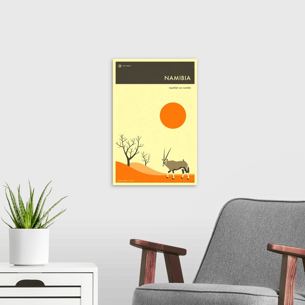 A modern room featuring Minimalist retro style Visit Africa travel poster for Namibia.