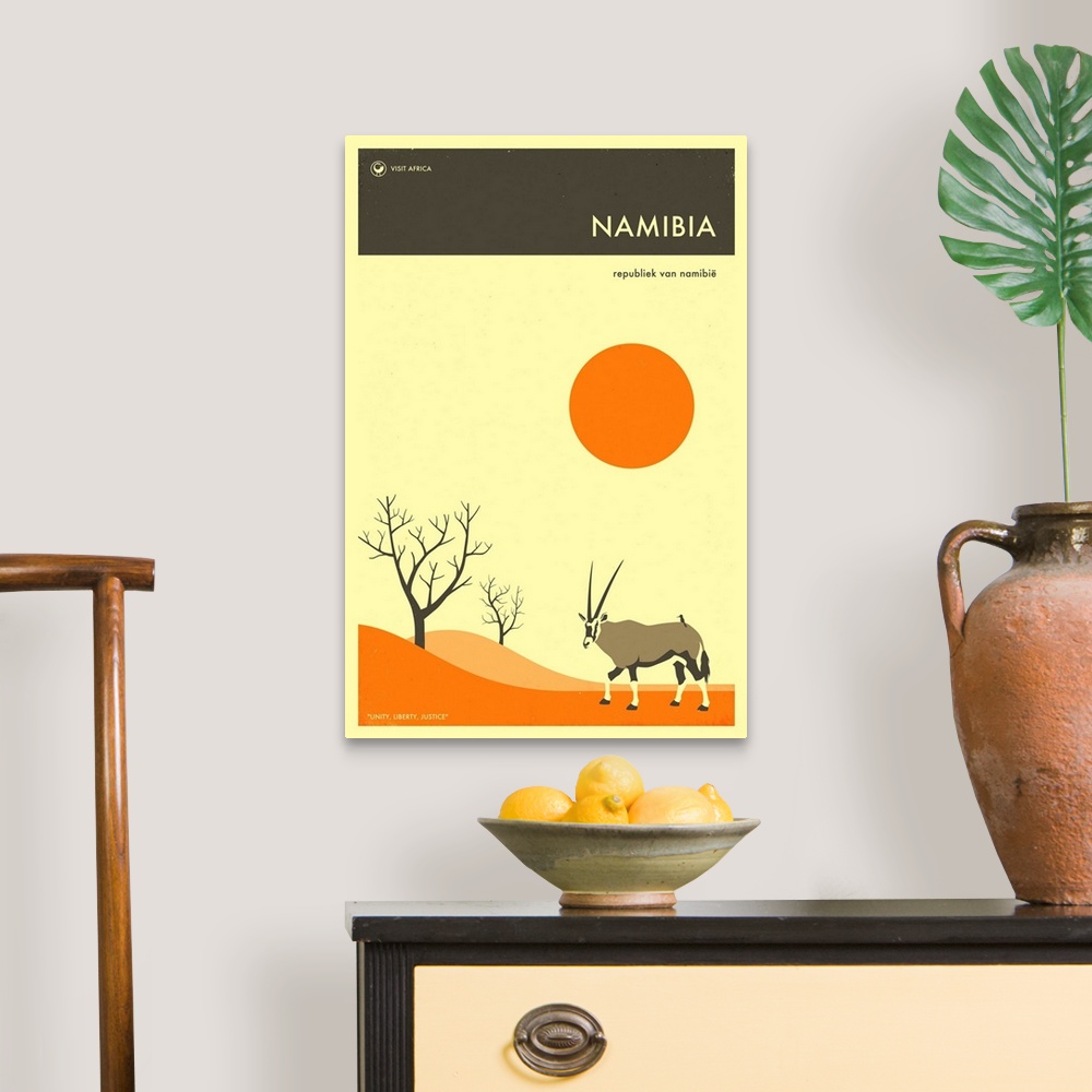 A traditional room featuring Minimalist retro style Visit Africa travel poster for Namibia.