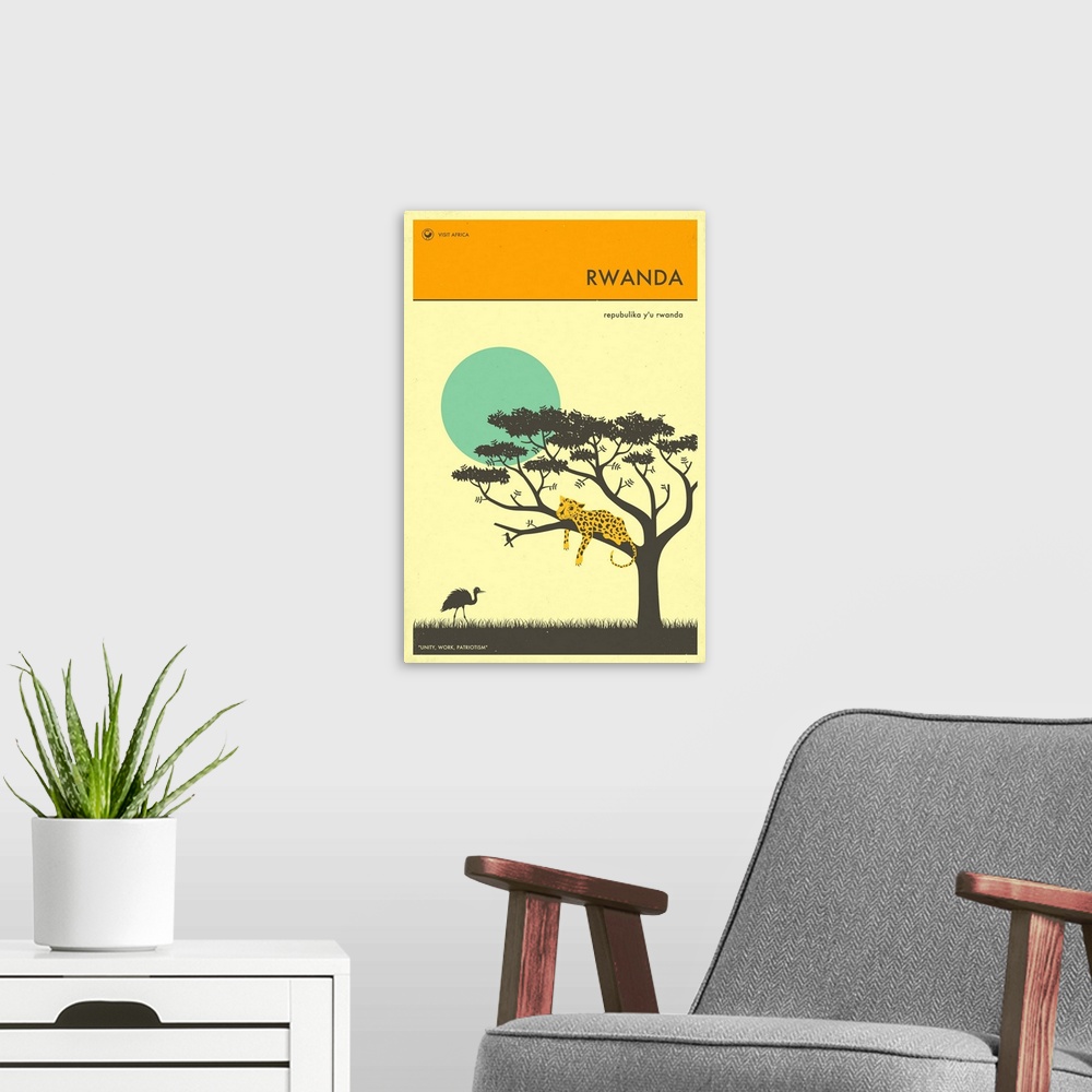 A modern room featuring Minimalist retro style Visit Africa travel poster for Rwanda.