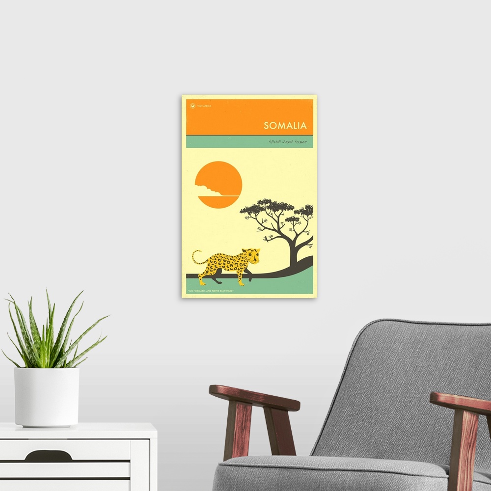 A modern room featuring Minimalist retro style Visit Africa travel poster for Somalia.