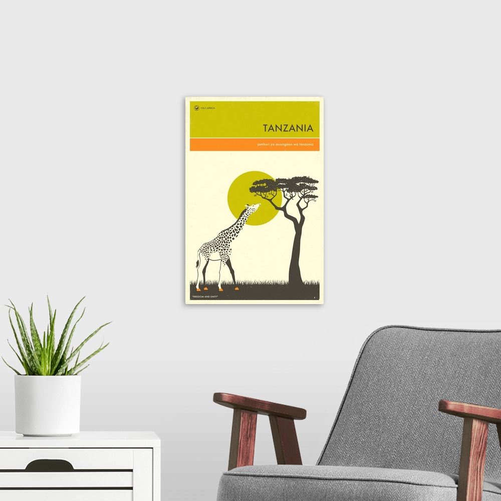 A modern room featuring Minimalist retro style Visit Africa travel poster for Tanzania.