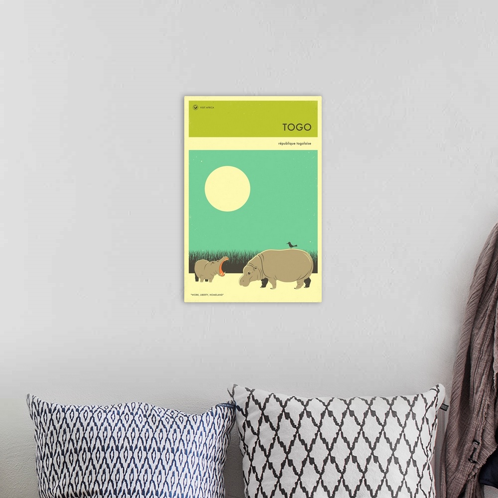 A bohemian room featuring Minimalist retro style Visit Africa travel poster for Togo.