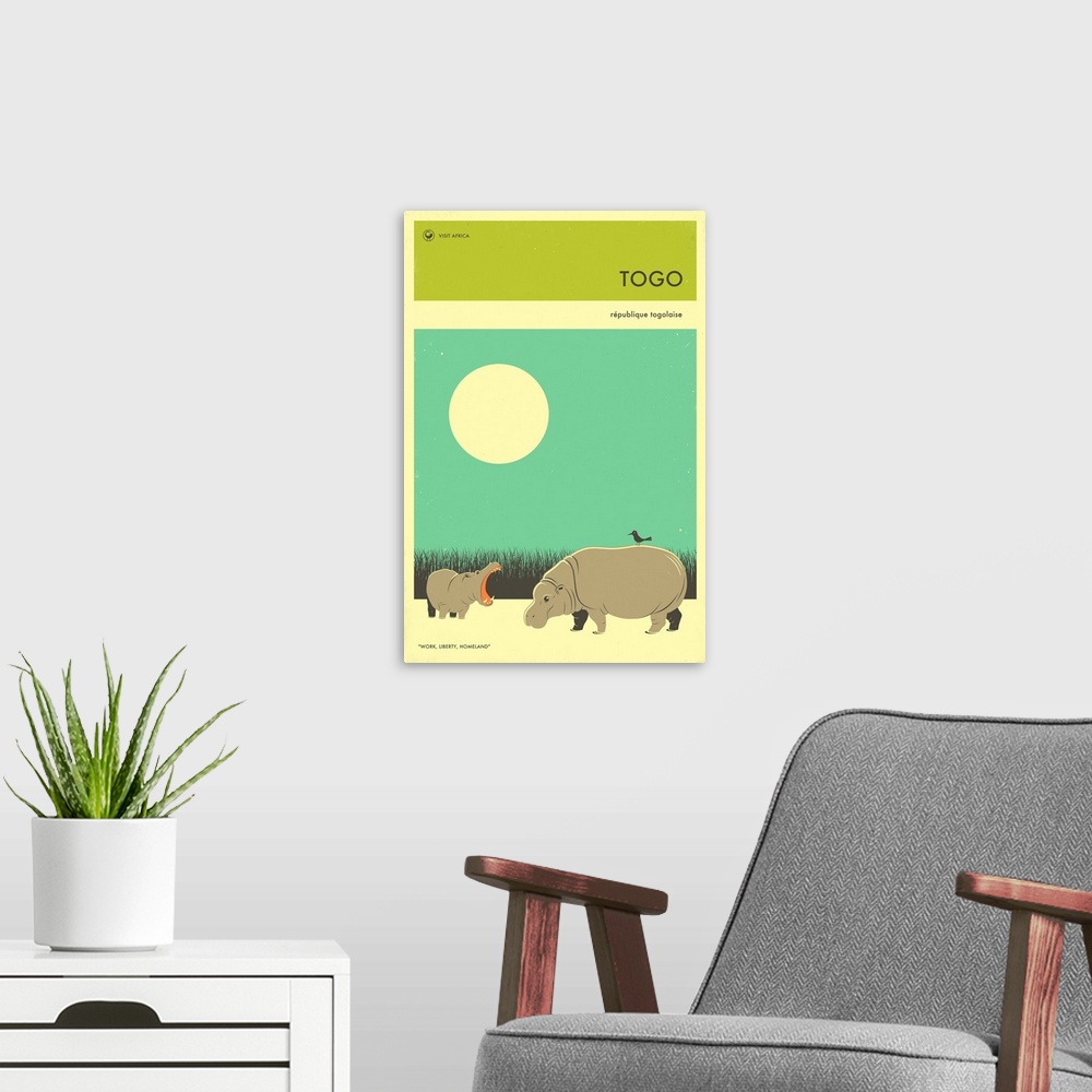 A modern room featuring Minimalist retro style Visit Africa travel poster for Togo.