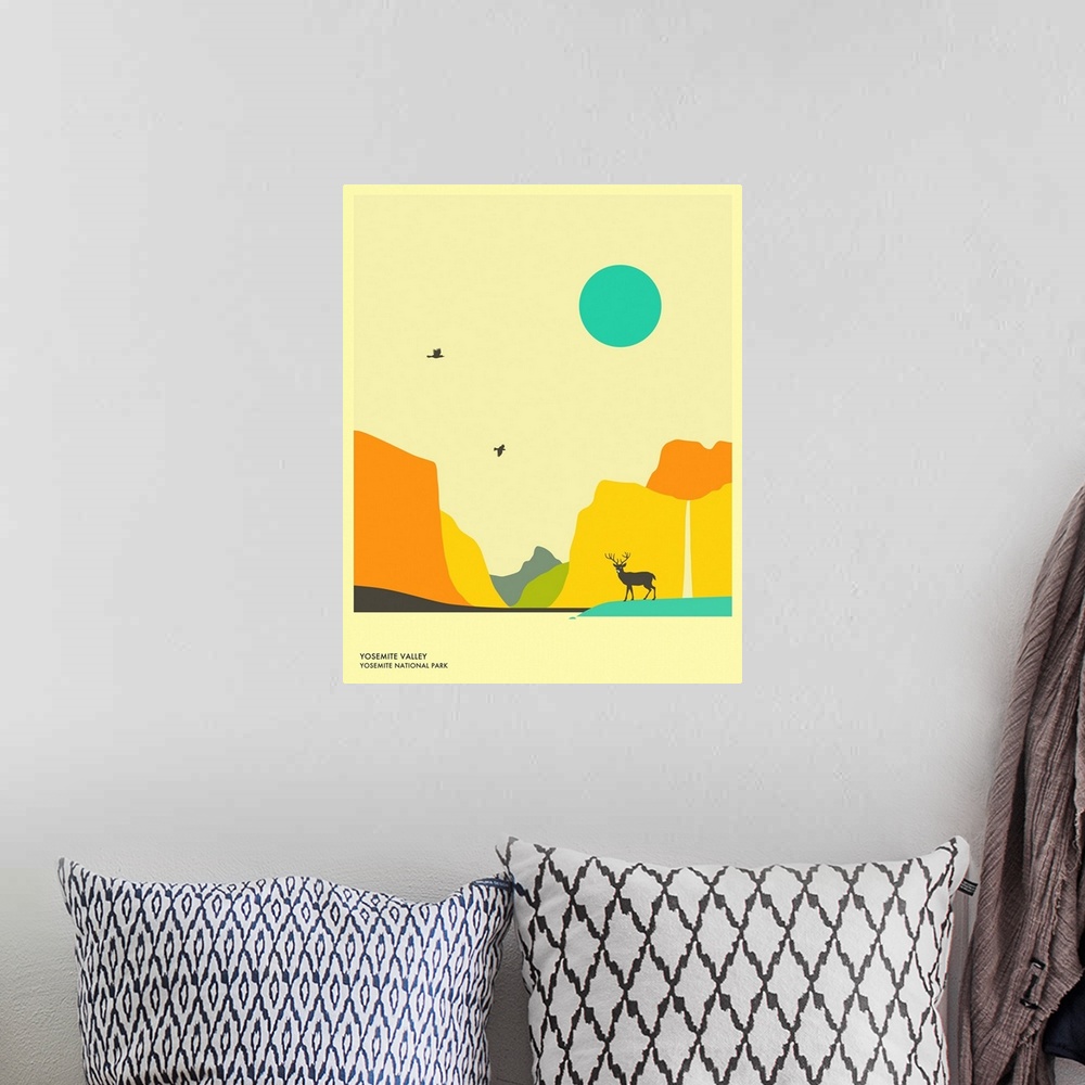 A bohemian room featuring Minimalist retro style travel poster for Yosemite Valley at Yosemite National Park in California.