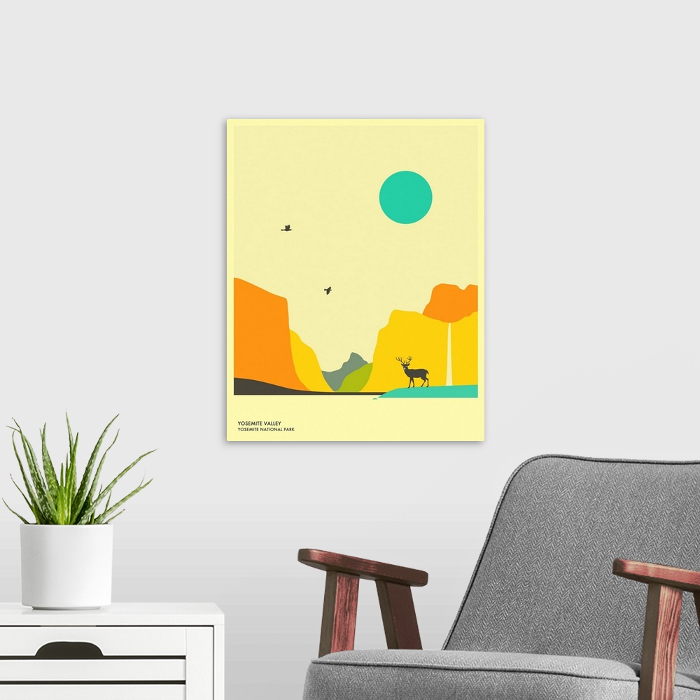A modern room featuring Minimalist retro style travel poster for Yosemite Valley at Yosemite National Park in California.