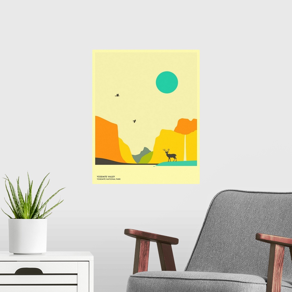 A modern room featuring Minimalist retro style travel poster for Yosemite Valley at Yosemite National Park in California.