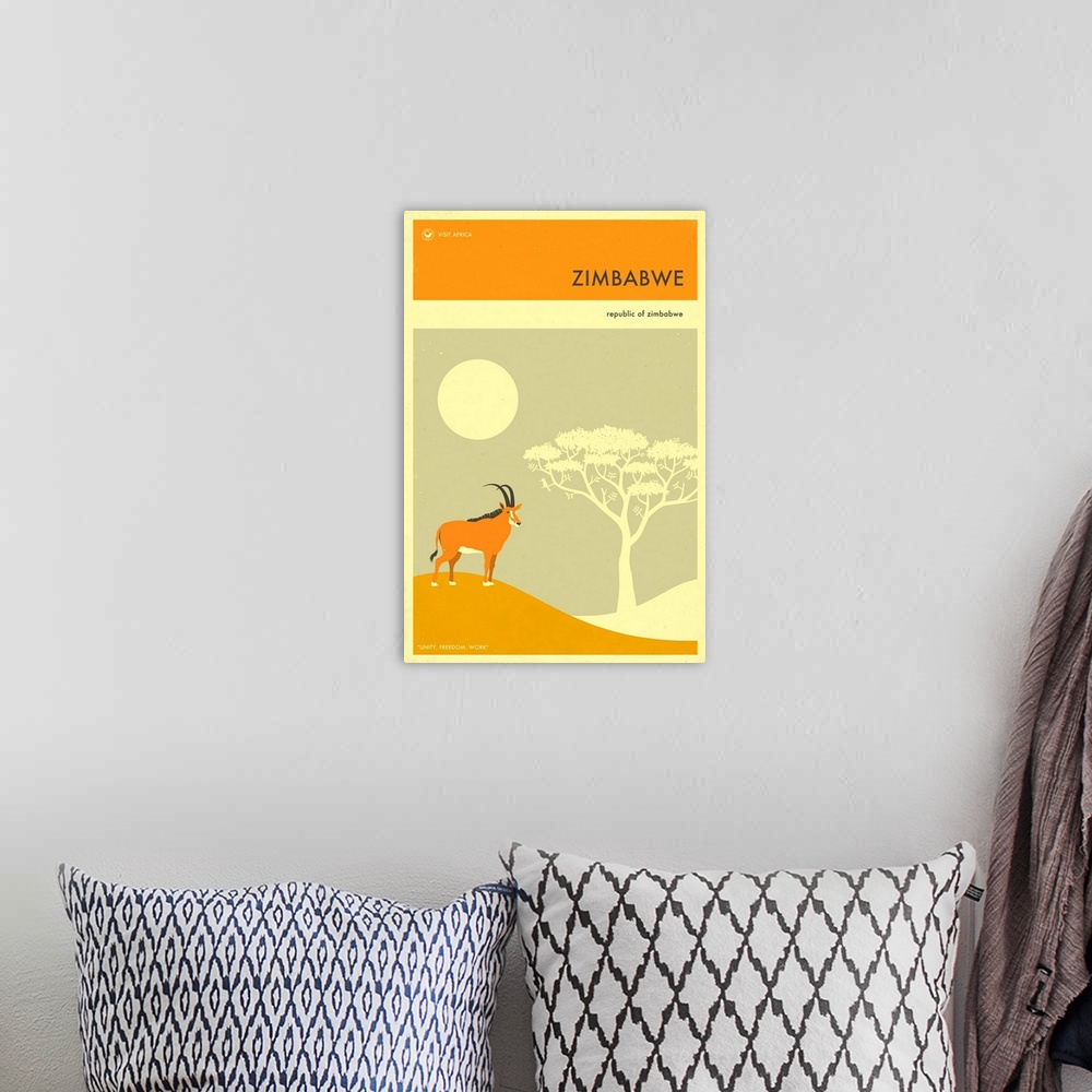 A bohemian room featuring Minimalist retro style Visit Africa travel poster for Zimbabwe.
