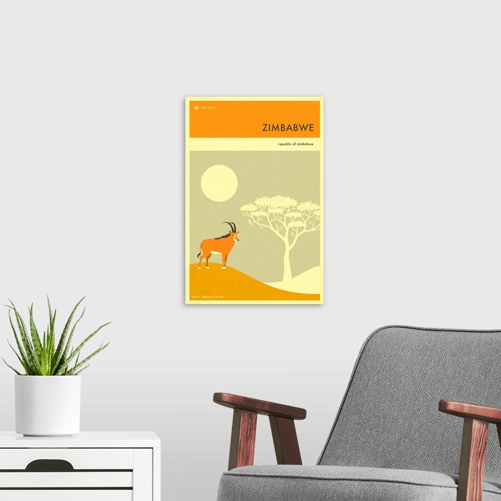 A modern room featuring Minimalist retro style Visit Africa travel poster for Zimbabwe.