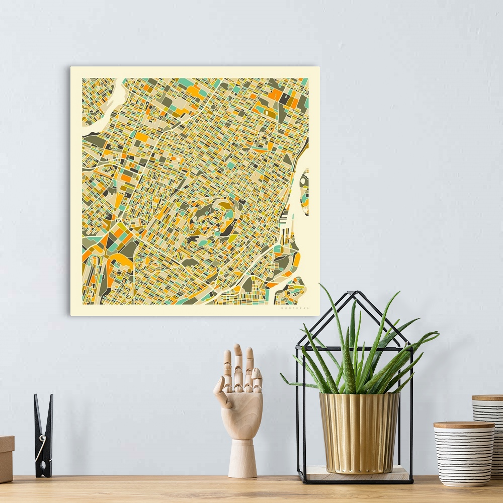 A bohemian room featuring Colorfully illustrated aerial street map of Montreal, Canada on a square background.
