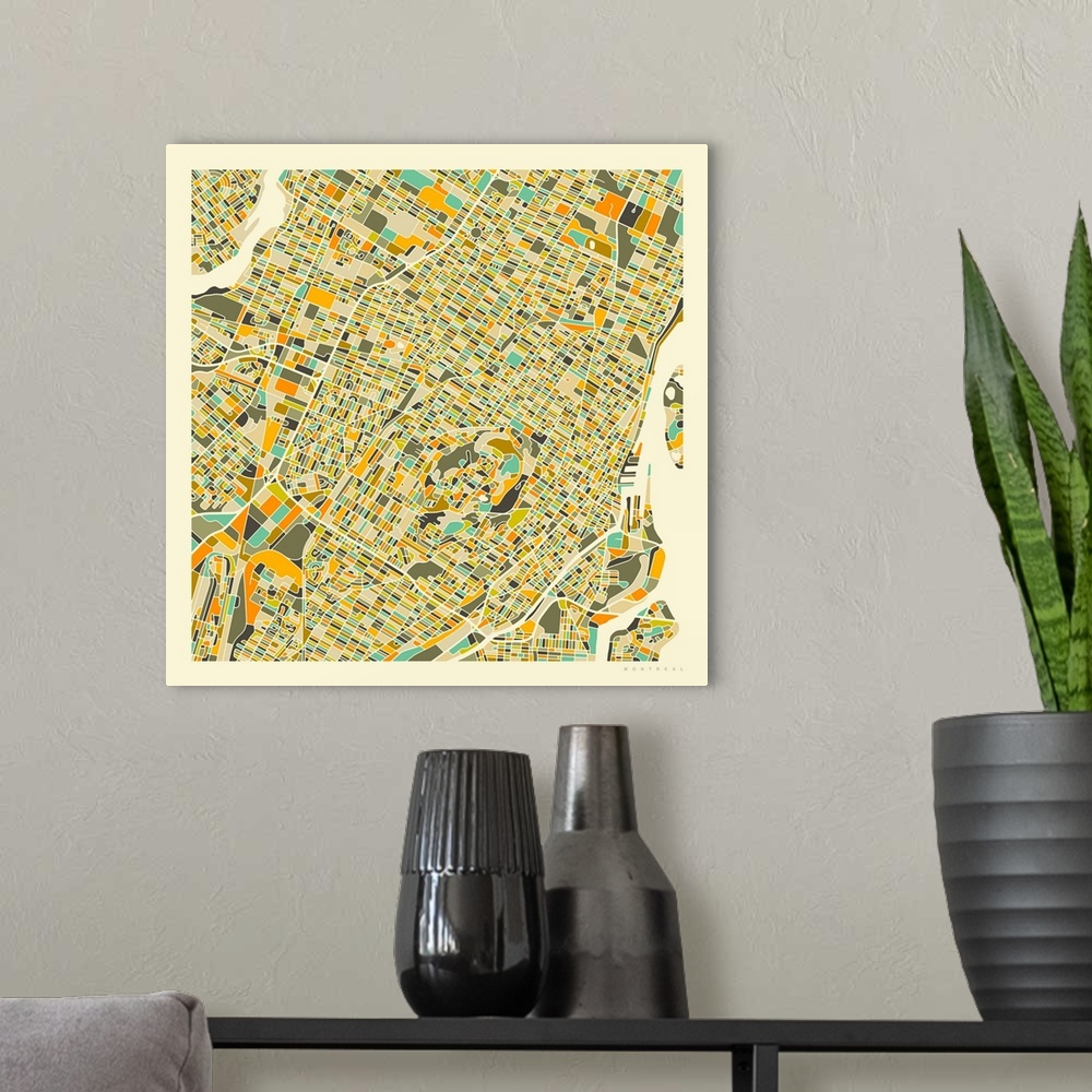 A modern room featuring Colorfully illustrated aerial street map of Montreal, Canada on a square background.