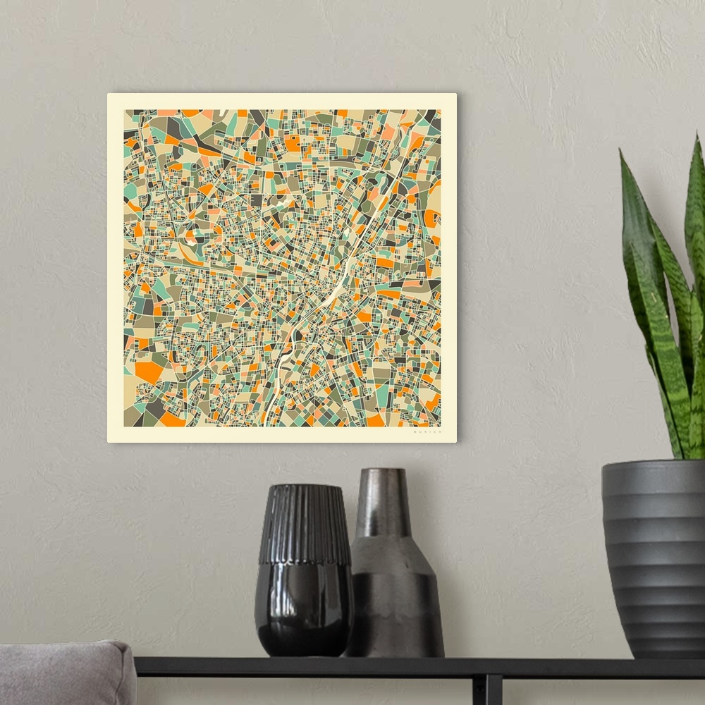 A modern room featuring Colorfully illustrated aerial street map of Munich, Germany on a square background.