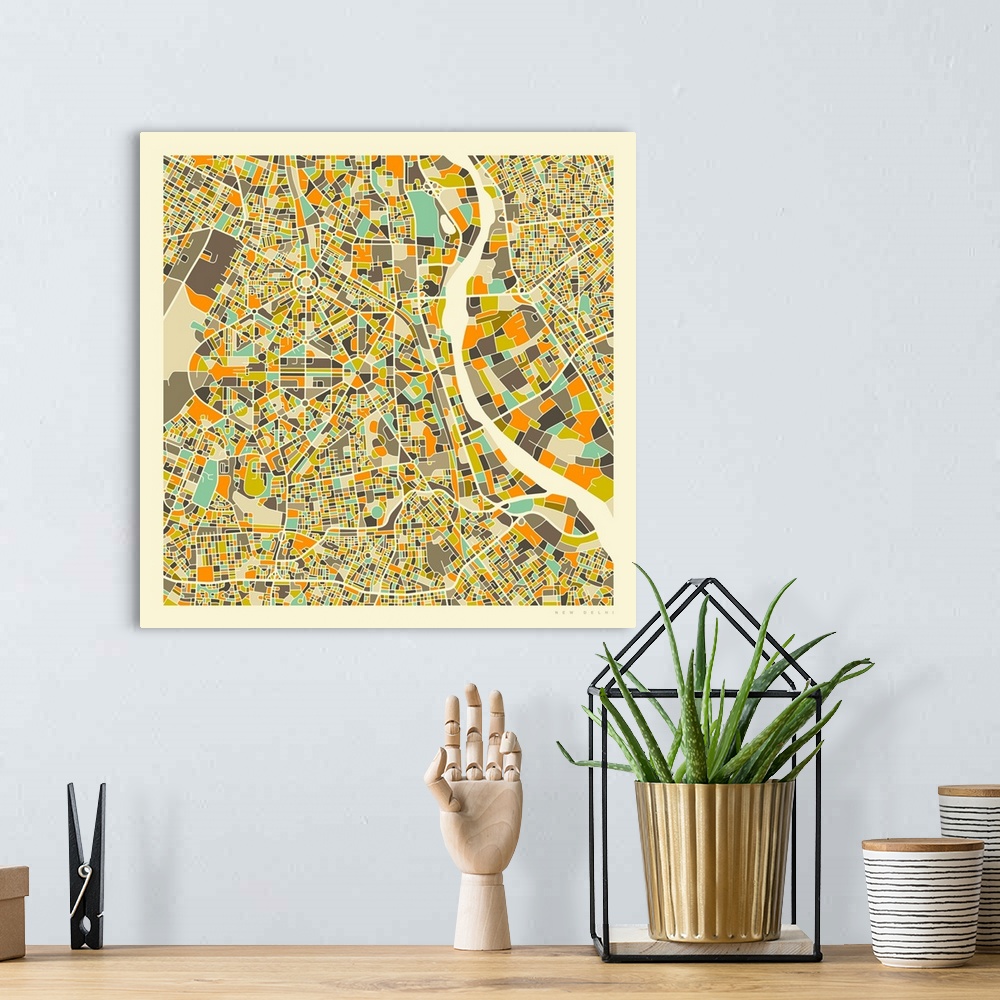 A bohemian room featuring Colorfully illustrated aerial street map of New Delhi, India on a square background.