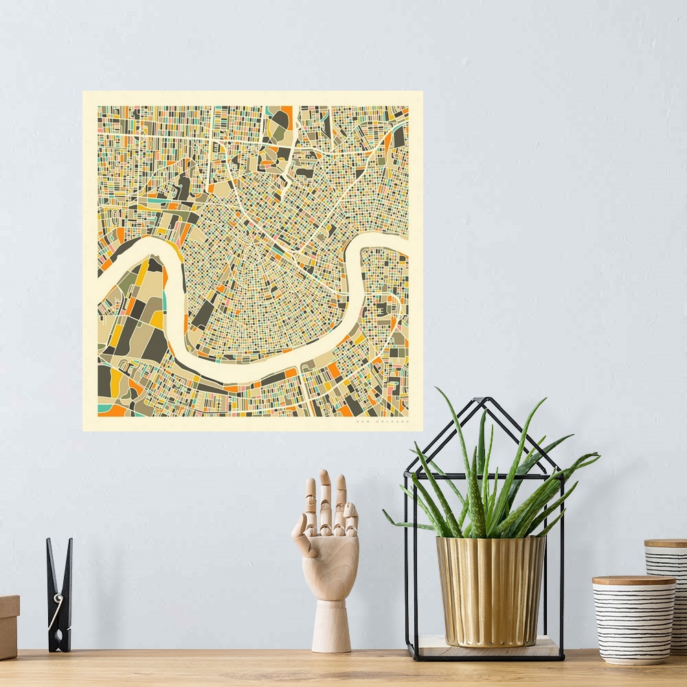 A bohemian room featuring Colorfully illustrated aerial street map of New Orleans, Louisiana on a square background.
