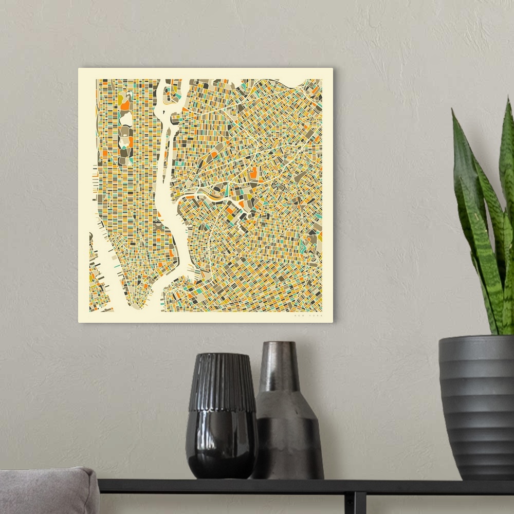 A modern room featuring Colorfully illustrated aerial street map of New York City on a square background.