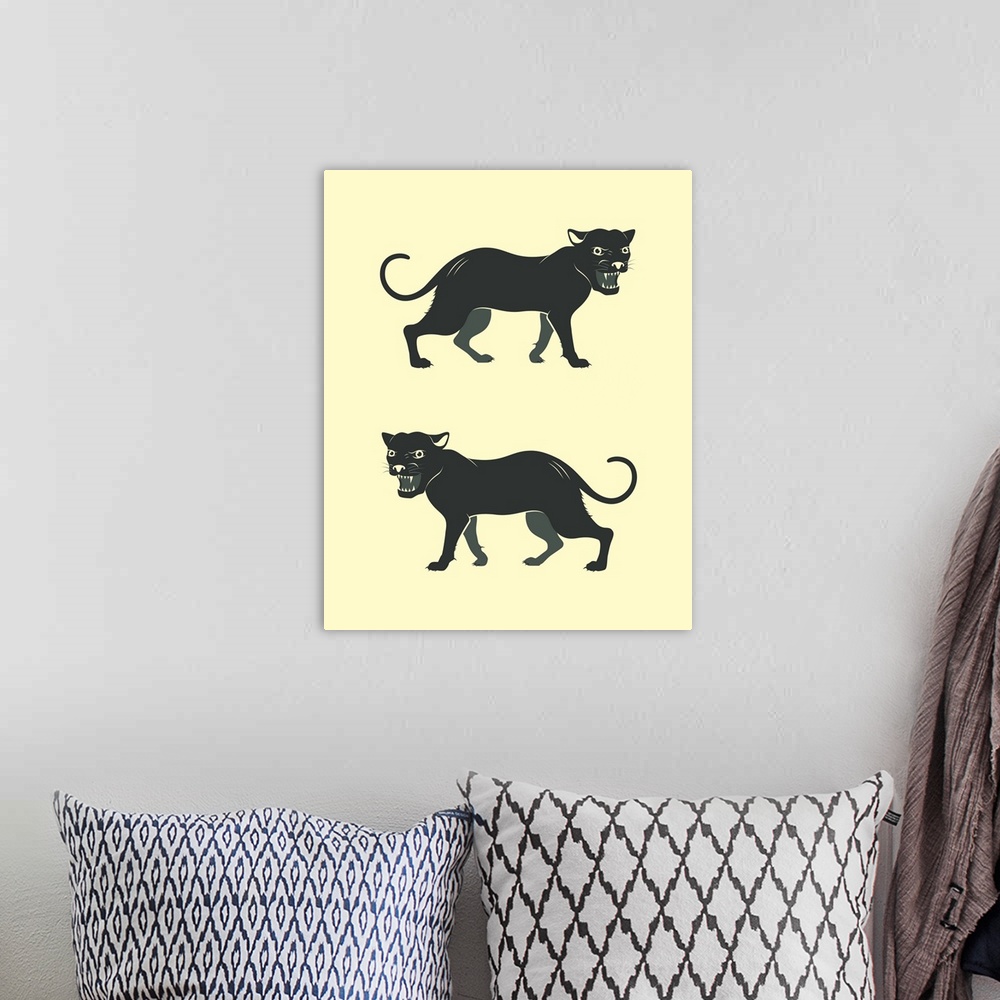 A bohemian room featuring Illustration of two black panthers with their mouths open, created with black and cream hues.