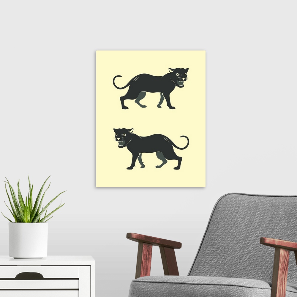 A modern room featuring Illustration of two black panthers with their mouths open, created with black and cream hues.