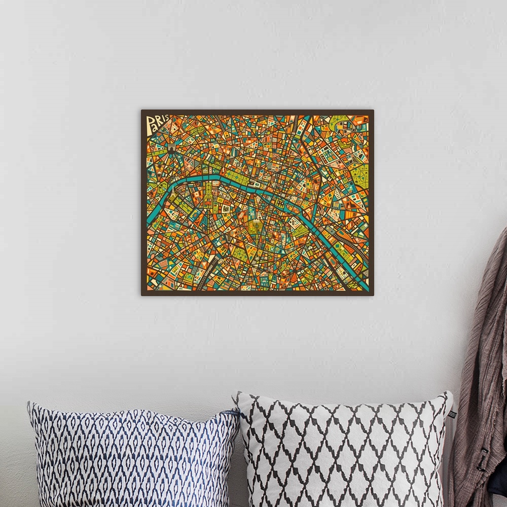 A bohemian room featuring Colorfully illustrated and detailed aerial street map of Paris, France on a square background.