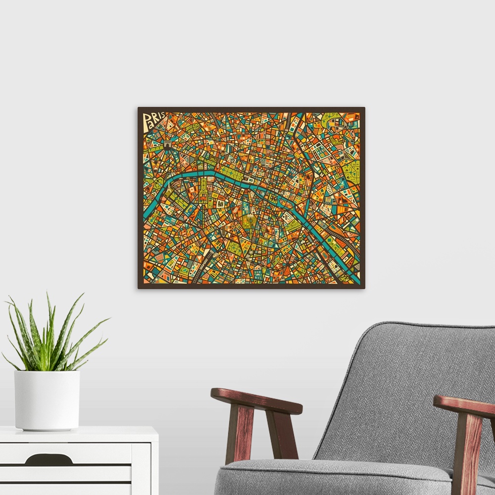 A modern room featuring Colorfully illustrated and detailed aerial street map of Paris, France on a square background.