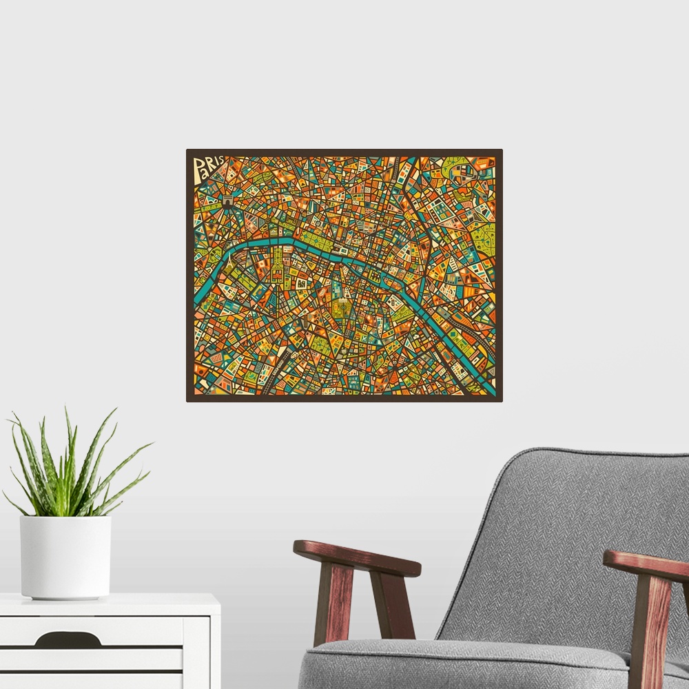 A modern room featuring Colorfully illustrated and detailed aerial street map of Paris, France on a square background.