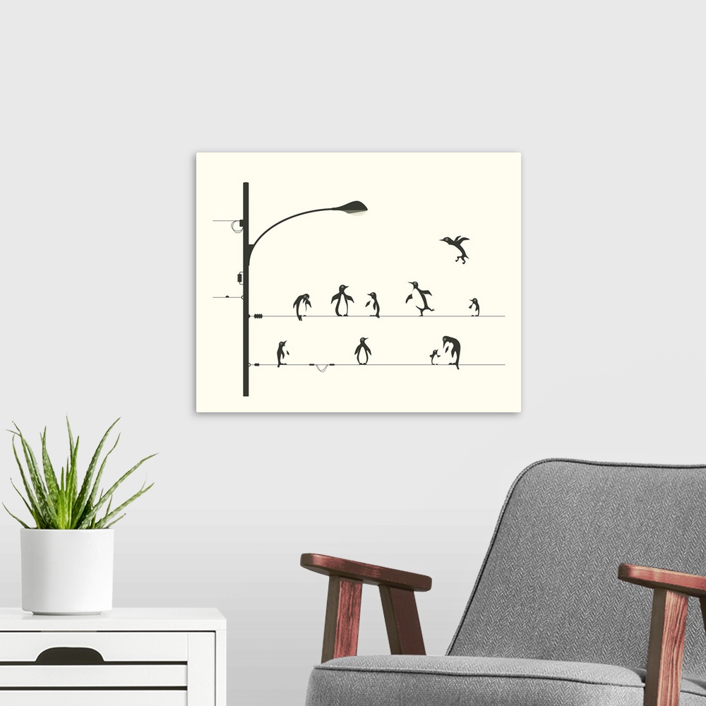 A modern room featuring Black and white whimsical illustration of penguins walking and balancing on lamp post wires.